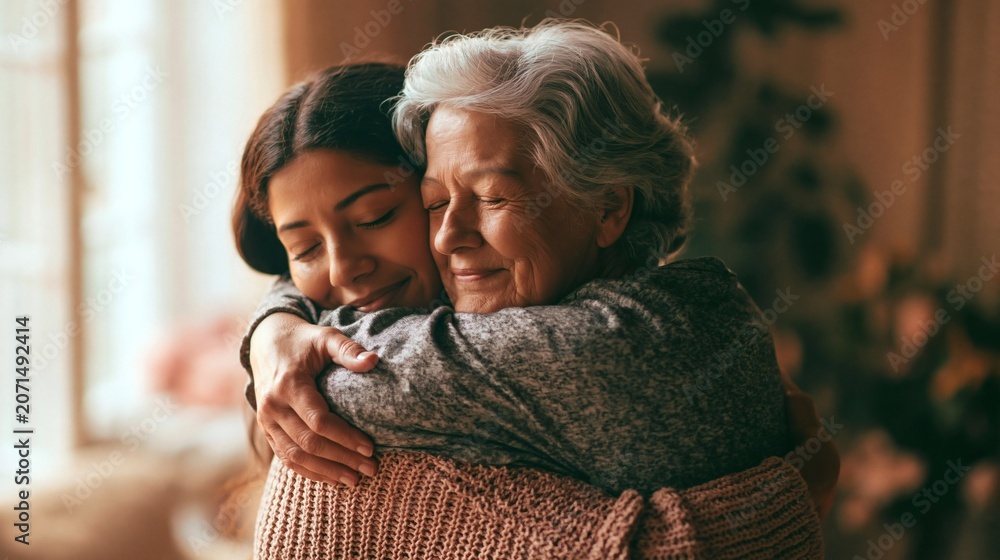 Fototapeta premium Young Woman Hugging Elderly Woman In Warm Indoor Support