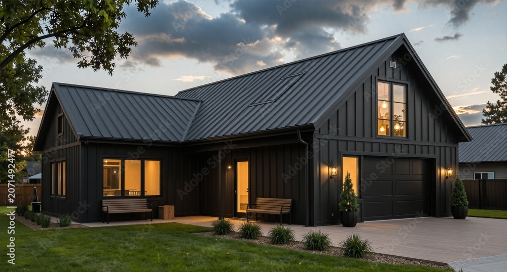 Obraz premium Modern Farmhouse Architecture Sunset Exterior Design Contemporary Rural Home