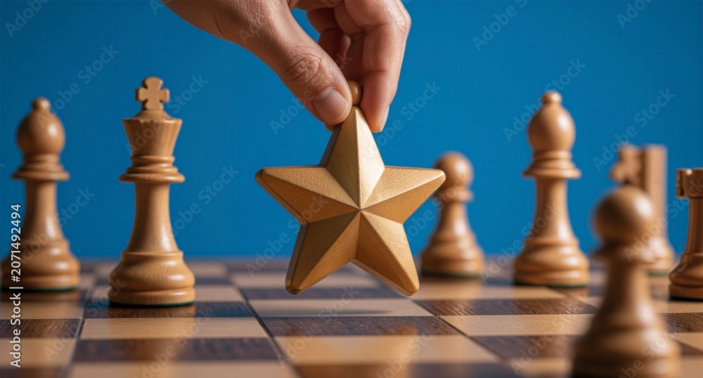 Naklejka premium Hand Moving Star Chess Piece Strategy Game Concept Business Success