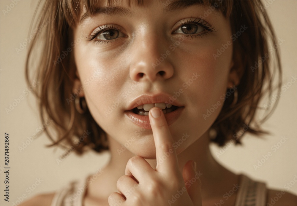 Fototapeta premium Young Girl Thoughtful Portrait Posing Secretive Curiosity Brown Hair