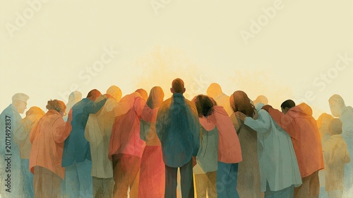 Church Congregation Praying Over Mission Team, Warm Golden Light, Panoramic Illustration with Copy Space