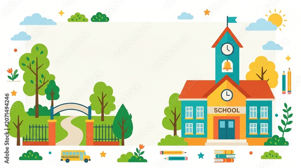 Fototapeta premium Flat Vector Back to School Background Template with School Building and Copy Space