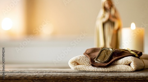 Brown Scapular of Our Lady of Mount Carmel on Wooden Table with Marian Statue and Candle, Catholic Devotion Background