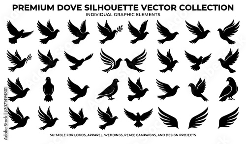Cuadro en lienzo Premium Dove Silhouette Vector Collection Featuring Flying Pigeons Wings and Pea