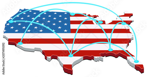 Isometric map of United States textured with national flag, representing decentralized logistics, domestic trade, data transfer, and telecommunication network (cut out).