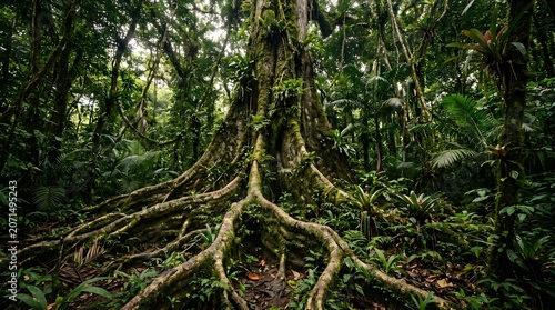Ancient Giant Rainforest Tree With Massive Roots in Tropical Jungle Environment