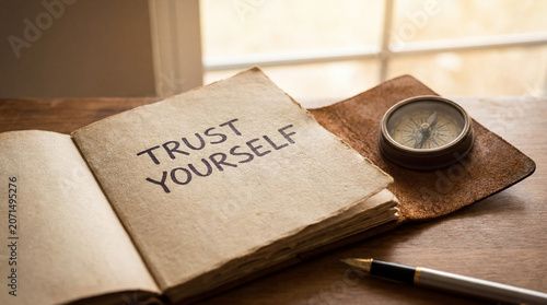 Trust yourself text on old notebook page with a compass and pen on a wooden table, guiding personal growth