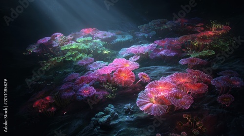 Colorful underwater garden with vibrant flowers glowing in the deep sea at night