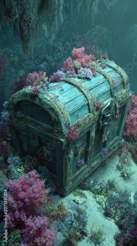 Treasure chest rests on ocean floor surrounded by vibrant coral and marine life in clear blue water