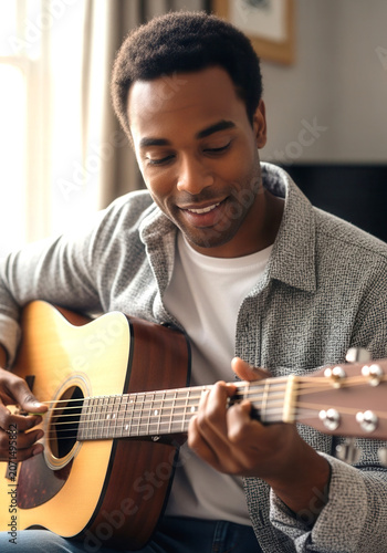 African American man playing acoustic guitar while smiling indoors  