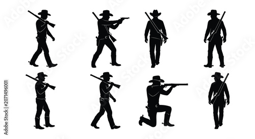 Fotografie Cowboy Silhouettes With Rifles Black Vector Illustration On White Background