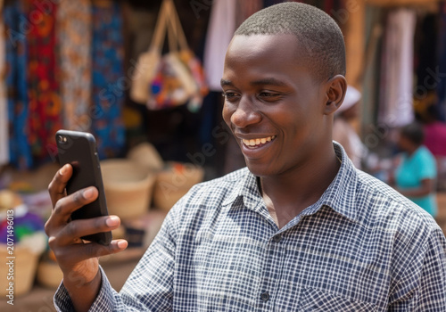 African man smiling while using smartphone in vibrant marketplace  
