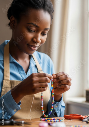 African woman crafting colorful bead jewelry at a table indoors  