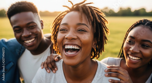 Young African woman laughing with friends in field during sunset  