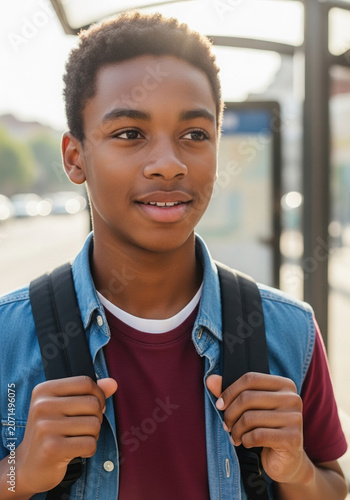 African teenager with backpack smiling at bus stop in urban setting  