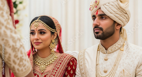 Indian couple performing wedding ritual in traditional attire  
