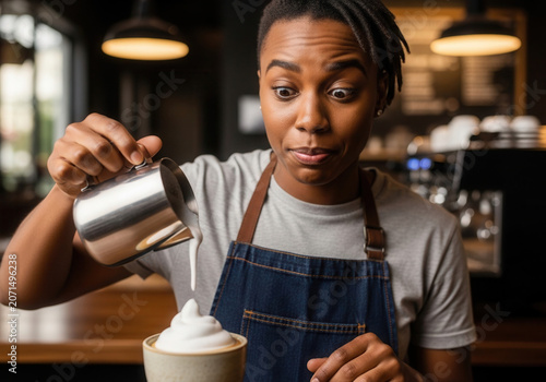 Black woman pouring milk into cup while making coffee in café  