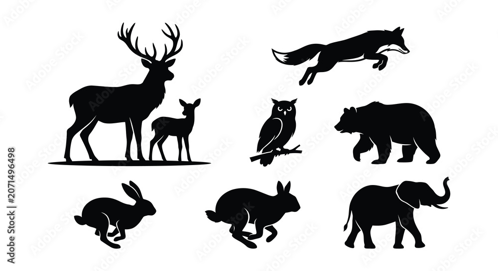 Obraz premium Silhouette collection featuring deer tree bird bicycle leaf and running figure