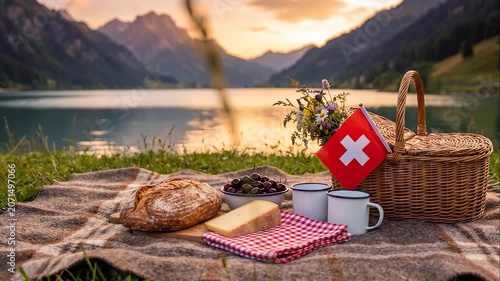 Traditional Swiss alpine picnic setup by a mountain lake at sunset with bread, cheese, berries and a first aid kit on a blanket.