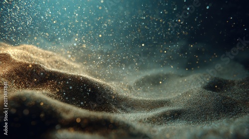 Soft waves of golden sand and sparkling particles create an enchanting underwater scene in a tranquil environment