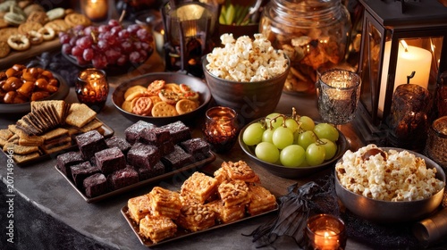 Close-up of a table laden with various snacks cookies, crackers, popcorn, grapes, brownies, and lit candles create a warm ambiance