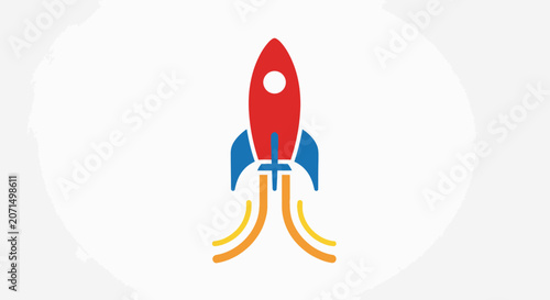 A colorful rocket ship icon launching into the sky on a white background