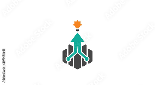 A creative icon showing a lightbulb rising from a geometric bar chart structure