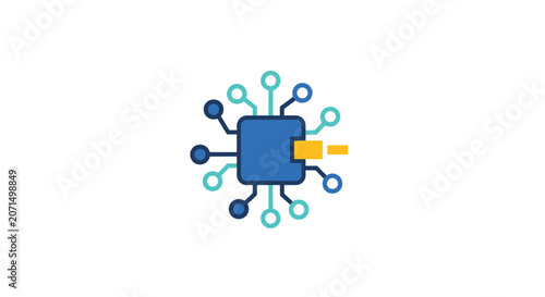 A digital illustration of a central processor unit with connected data nodes