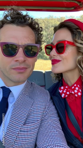 Romantic couple with curly hair sharing kiss, both wearing red sunglasses, stylish suits, polka dot bow tie, and bright red accessories, enjoying cheerful outdoor moments, retro fashion vibes
