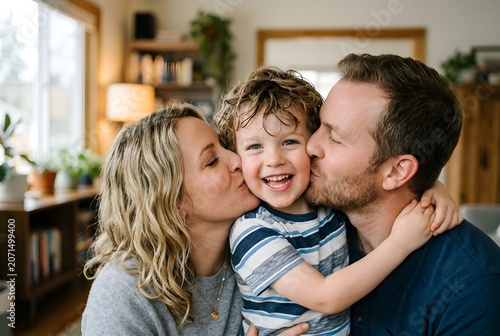 Happy parents kissing their smiling young son on the cheeks at home. Portrait of a happy family