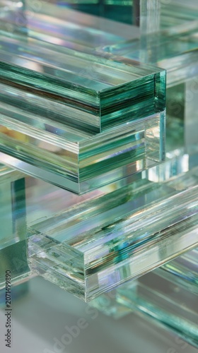 Clear glass pieces stacked in various shapes and sizes on a table during a bright day