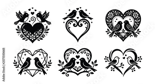Quadro em tela Bird And Heart Silhouettes Black Vector Illustration Collection