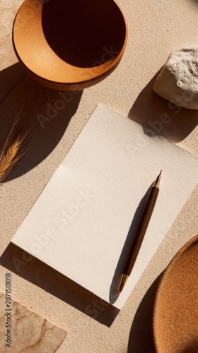 Blank notepad and pen on textured surface with ceramic bowls and natural elements under soft lighting