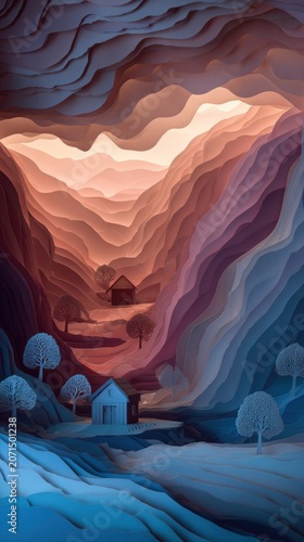 Vivid landscape view of a serene valley with houses nestled among colorful hills during sunset