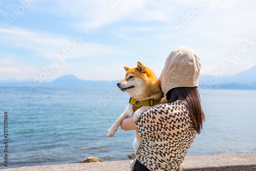 海を眺める柴犬と飼い主