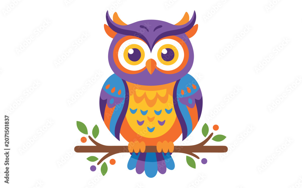 Naklejka premium Colorful cartoon wise owl perched on a branch vector illustration with colorful illustration wildlife