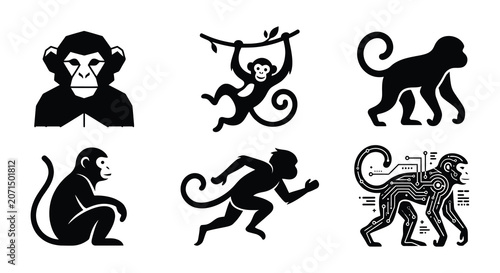 Photography Monkey Silhouette Vector Illustration With Tropical Foliage And Palm Trees
