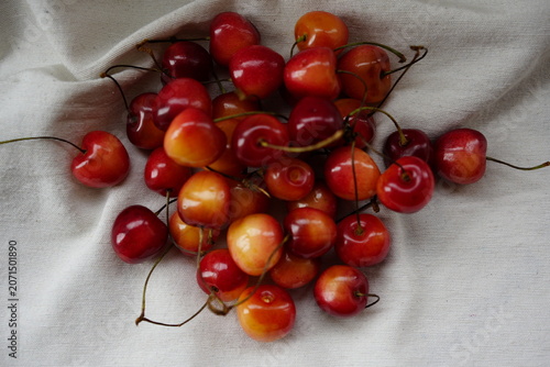 Tablou pe pânză ripe red cherries with a drop of dew on the velvety skin