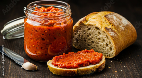 Traditional Homemade Ajvar Spread on Bread Slices