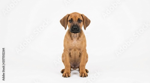 Small brown dog puppy looking curious in studio