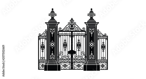 Fotografie ornate wrought iron gate with decorative flourishes black and white silhouette