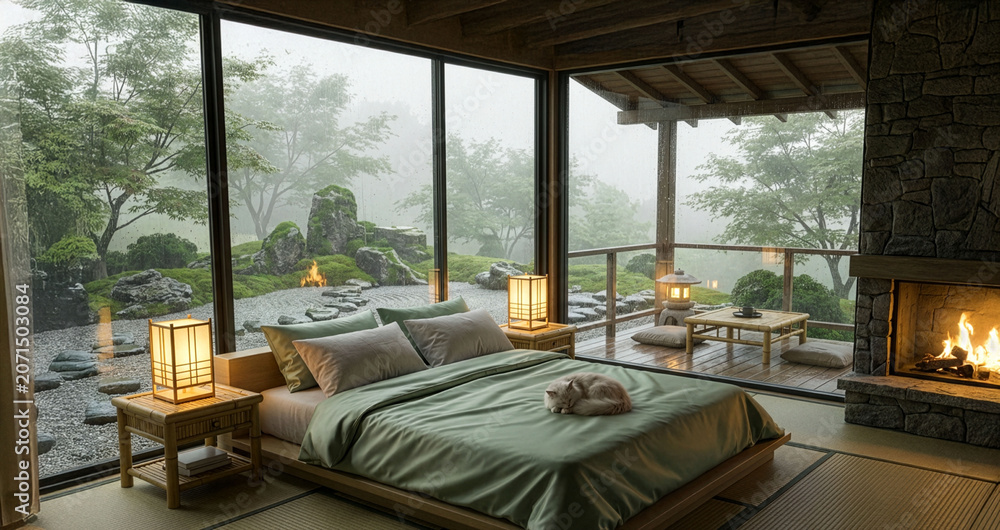 Fototapeta premium Cozy Bedroom with Fireplace and Panoramic Garden View on a Misty Day.