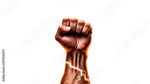 Tableau sur toile Powerful clenched fist with lightning energy, isolated on transparent background