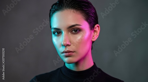 Close-up portrait of a young woman with wet hair, illuminated by futuristic neon pink and blue lights, looking seriously at the camera on a dark gray background