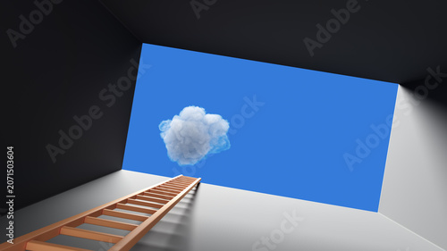 Konstfotografi Ladder Leading Through Rooftop Opening To Blue Sky With Single Cloud Symbolizing