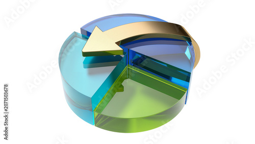 Golden arrow circling transparent blue and green pie chart segments, isolated on transparent background