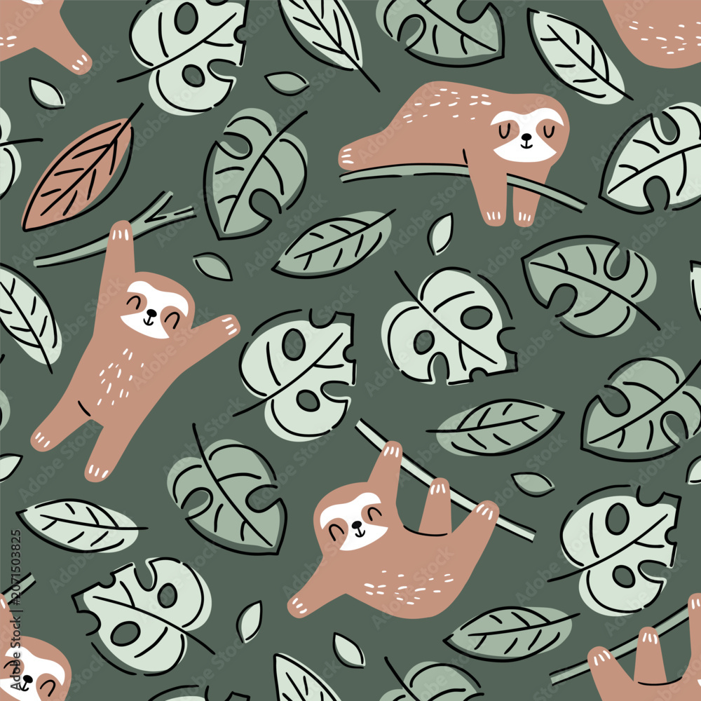 Fototapeta premium Hand drawn seamless vector pattern with cute sloths and tropical palm leaves. Perfect for textile, wallpaper or print design.