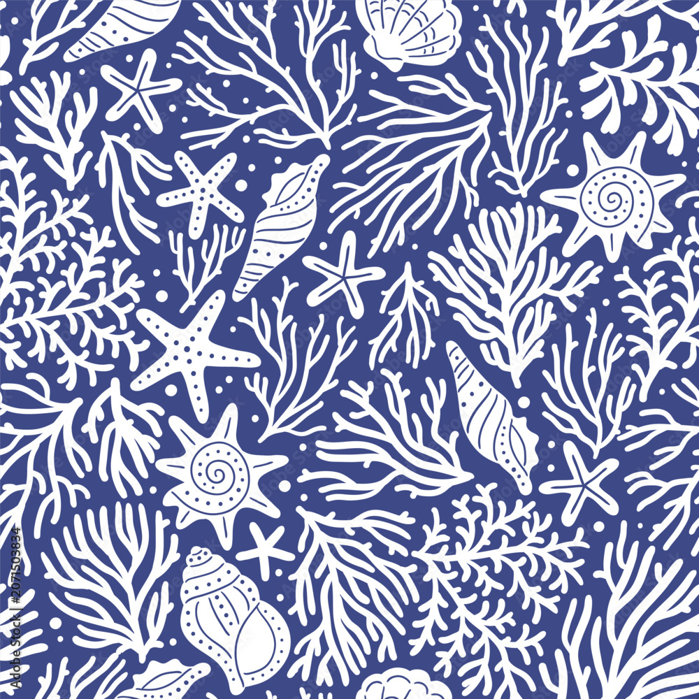 Fototapeta premium Seamless vector pattern with seashell, sea star and coral reef. Hand drawn underwater sea life illustration. Perfect for textile, wallpaper or print design.