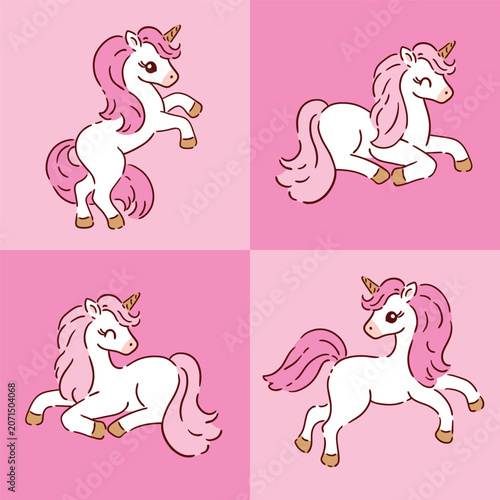 Set of unicorn characters on isolated background. Hand drawn cute clipart.