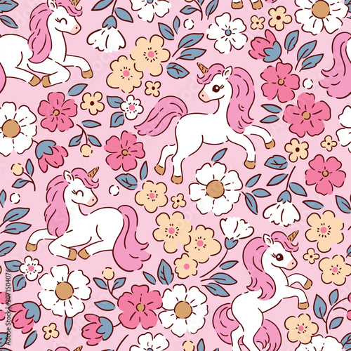 Cute unicorn on floral background. Tiny loose floral design with white horse. Seamless vector pattern for textile, wallpaper or print design.